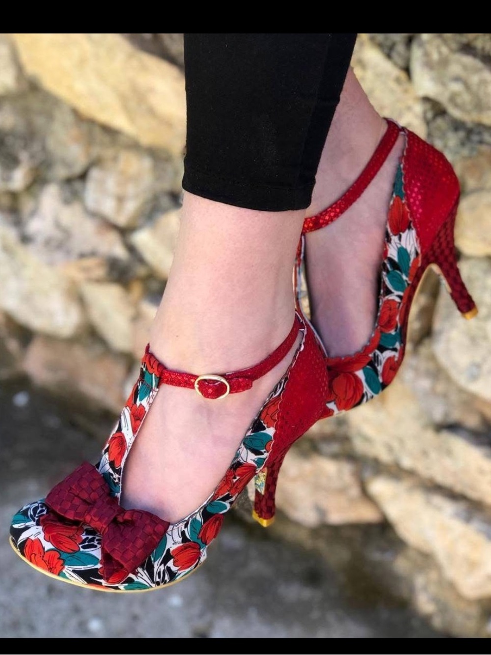 Irregular Choice Red Floral Ankle-Strap Heels with Woven Bow